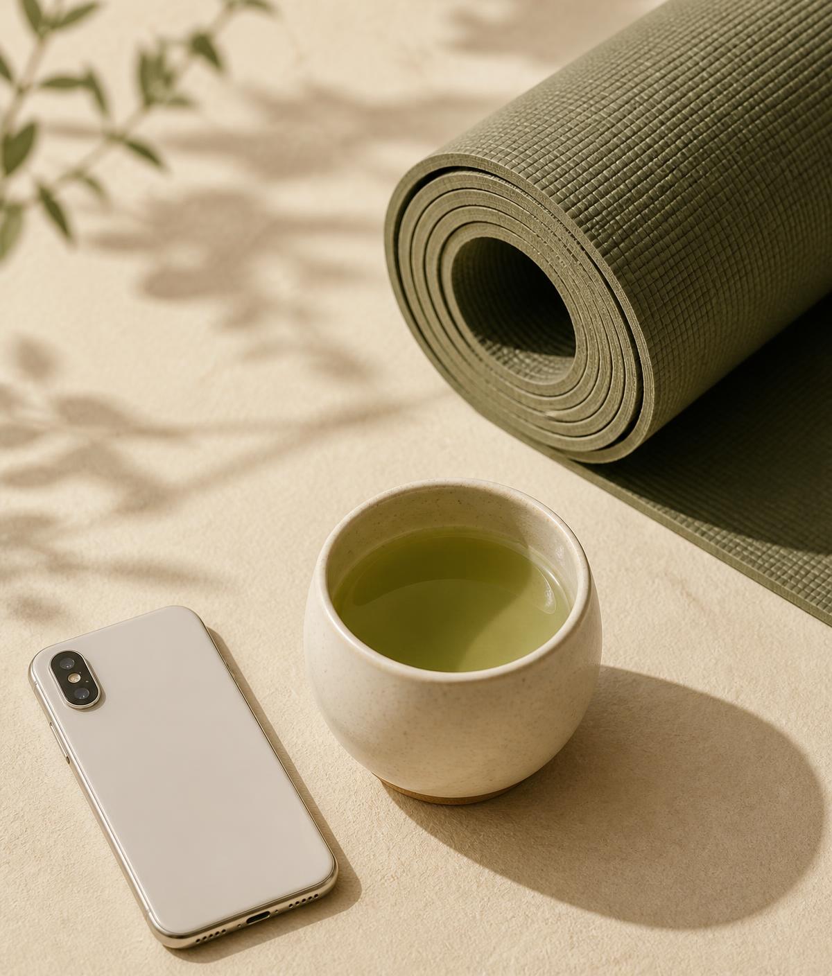 Yoga mat, tea and a phone on a warm neutral surface