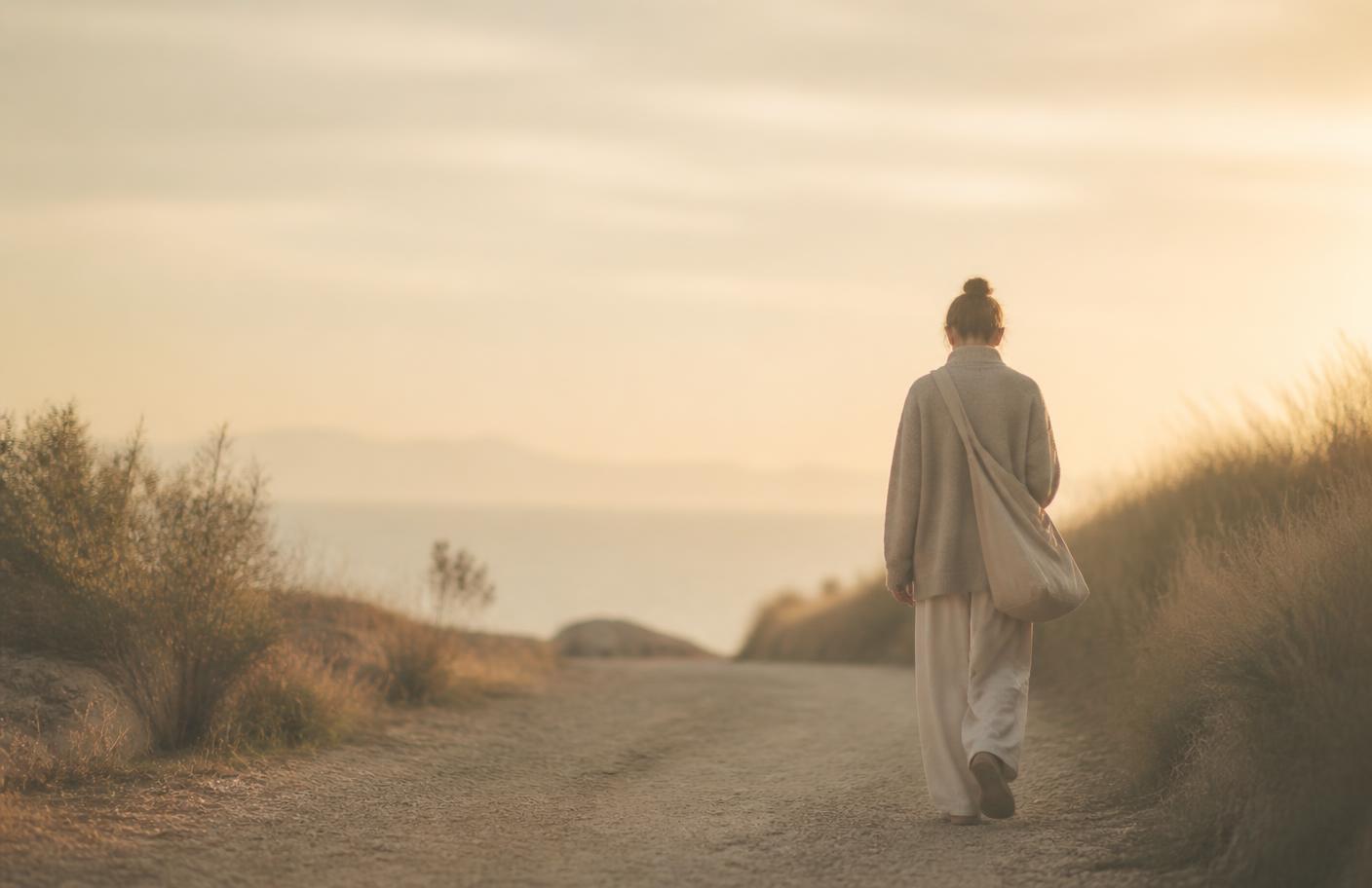A person walking outdoors at golden hour